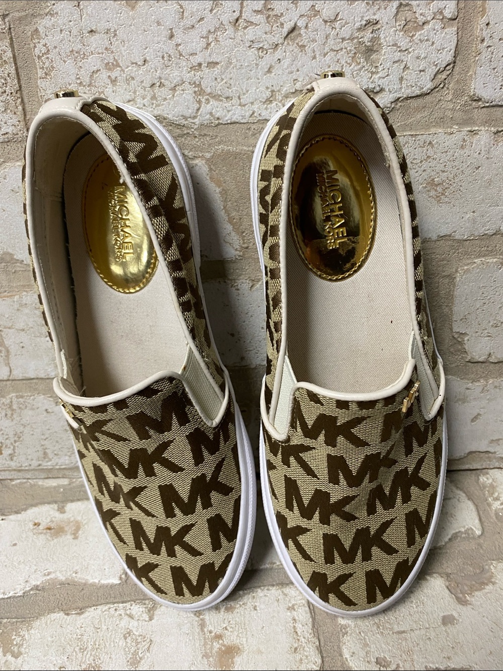 Michael Kors Kids Slip-On Sneakers in Brown and Cream MK Logo
